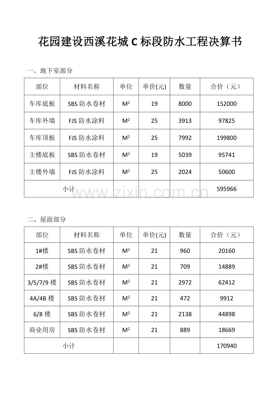 西溪花城防水工程决算书.doc_第1页