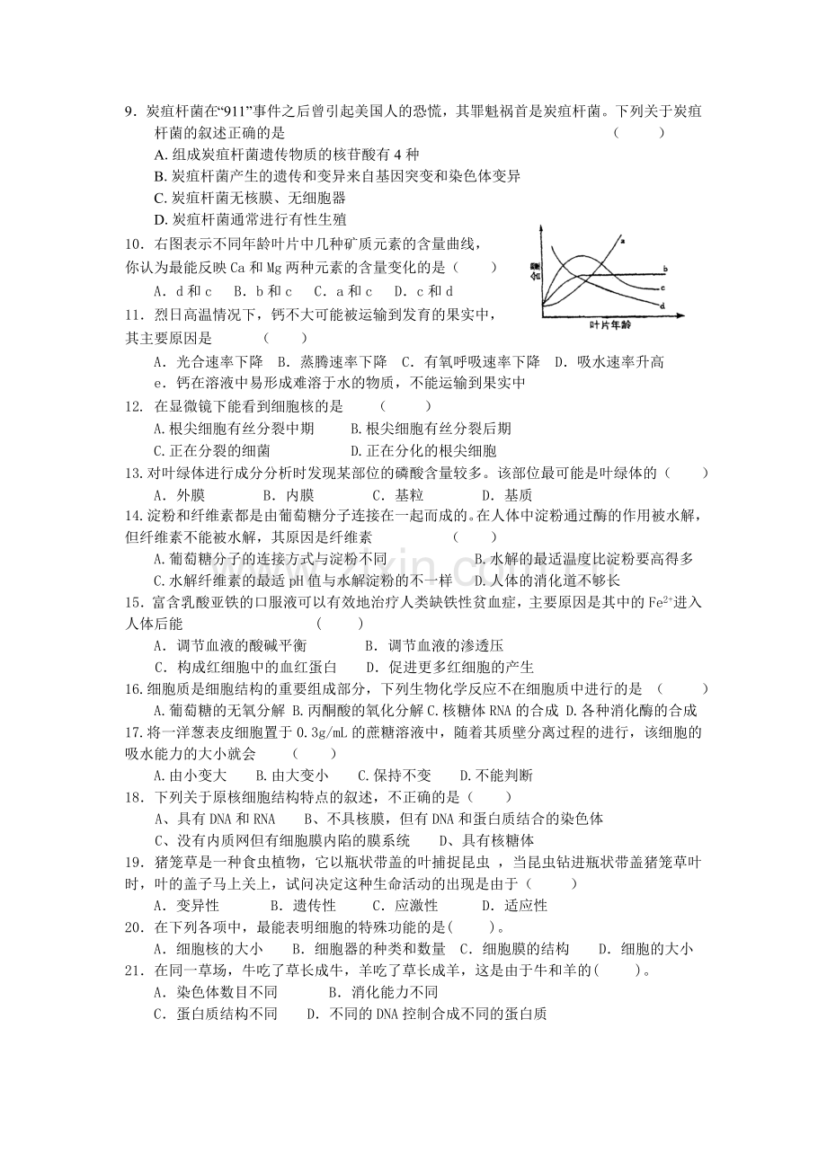 高三生物测试卷(生命的物质基础、细胞及细胞工程).doc_第2页