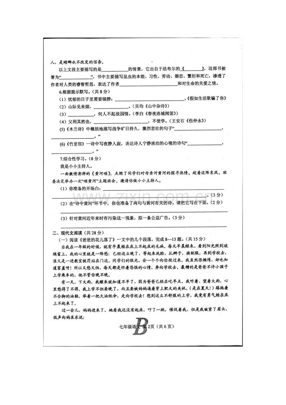 河南省宝丰县2015-2016学年七年级语文下册期中测试题.doc_第2页