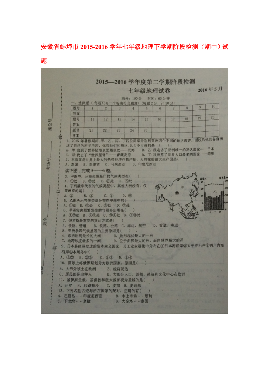 安徽省蚌埠市2015-2016学年七年级地理下册期中测试题.doc_第1页