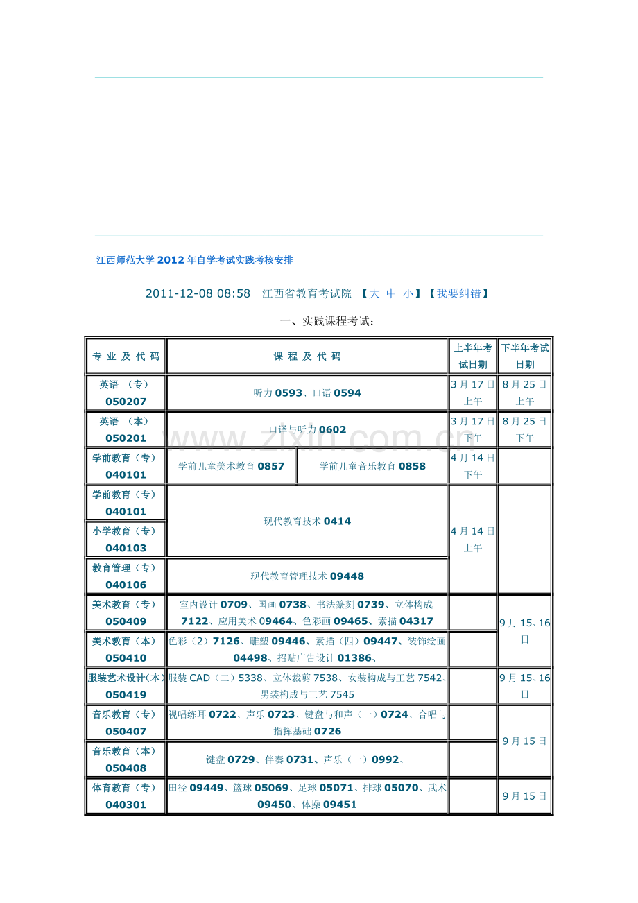 江西师范大学2012年自学考试实践考核安排..doc_第1页