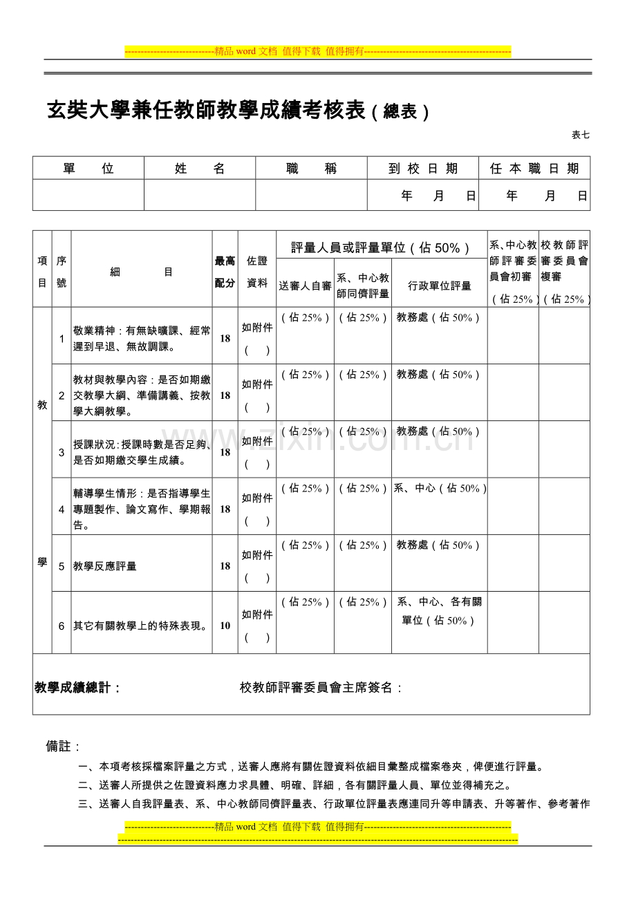 玄奘大学兼任教师教学成绩考核表(总表)..doc_第1页