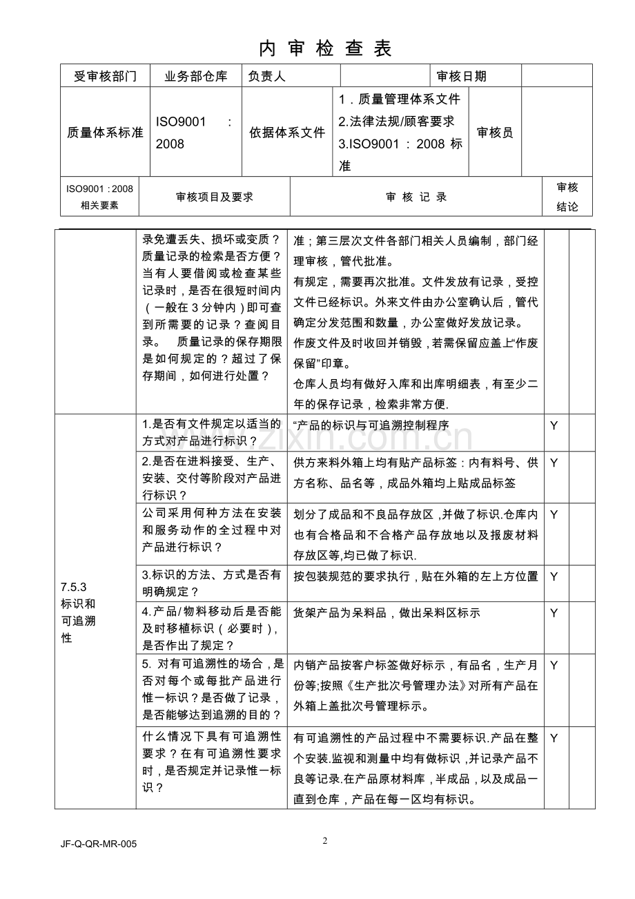 2015年ISO内审业务仓库检查表.doc_第2页