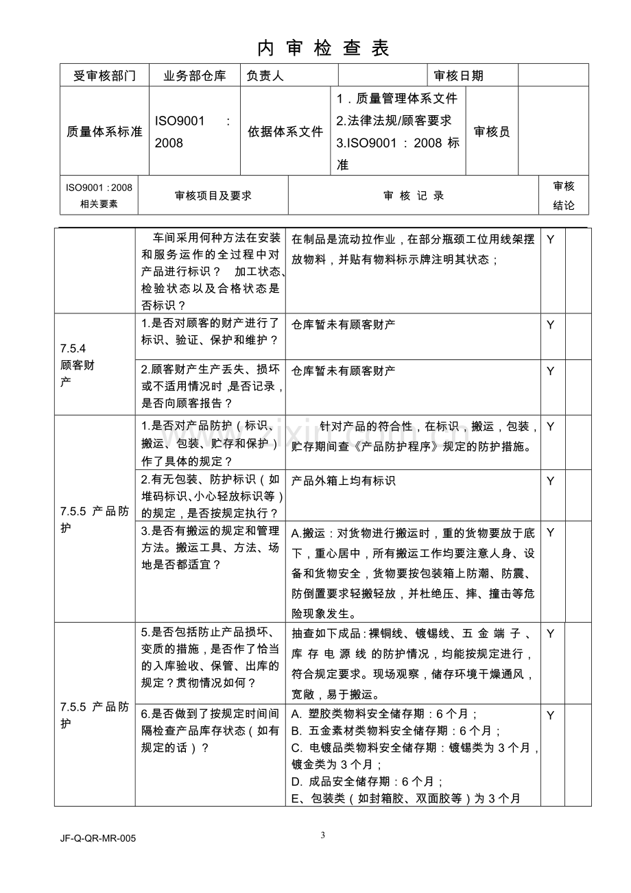 2015年ISO内审业务仓库检查表.doc_第3页