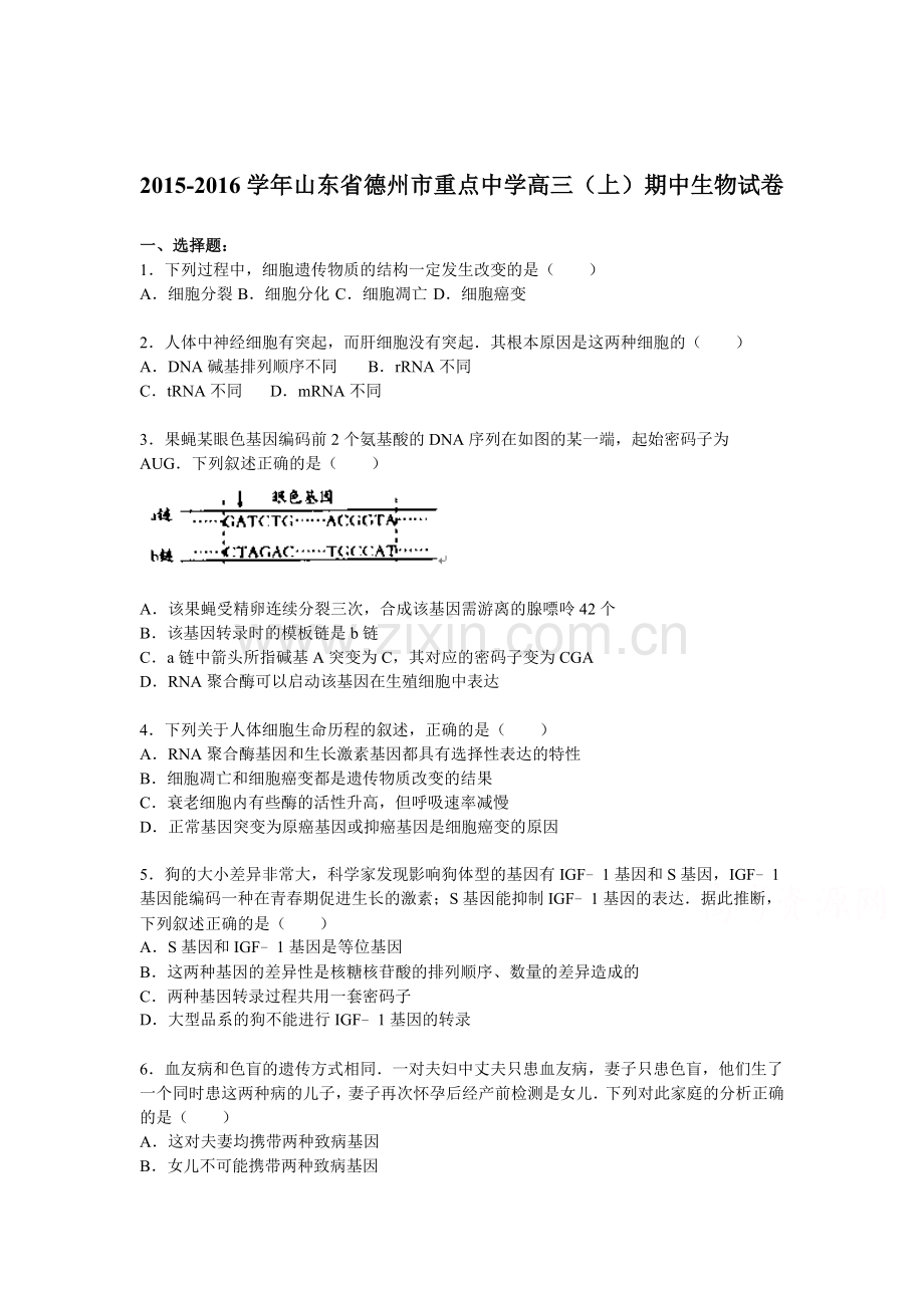 山东省德州市2016届高三生物上册期中试题2.doc_第1页