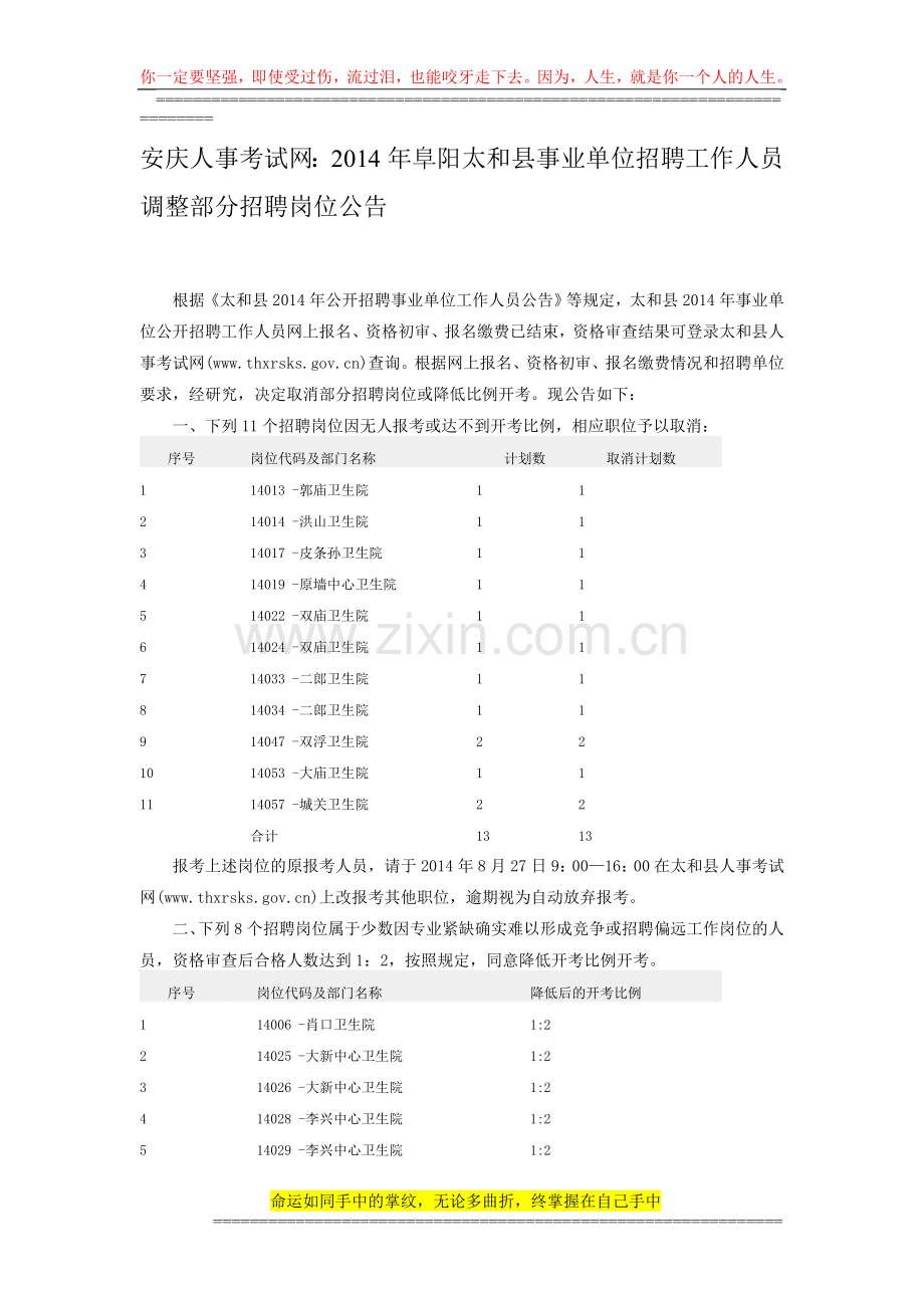 安庆人事考试网：2014年阜阳太和县事业单位招聘工作人员调整部分招聘岗位公告.doc_第1页