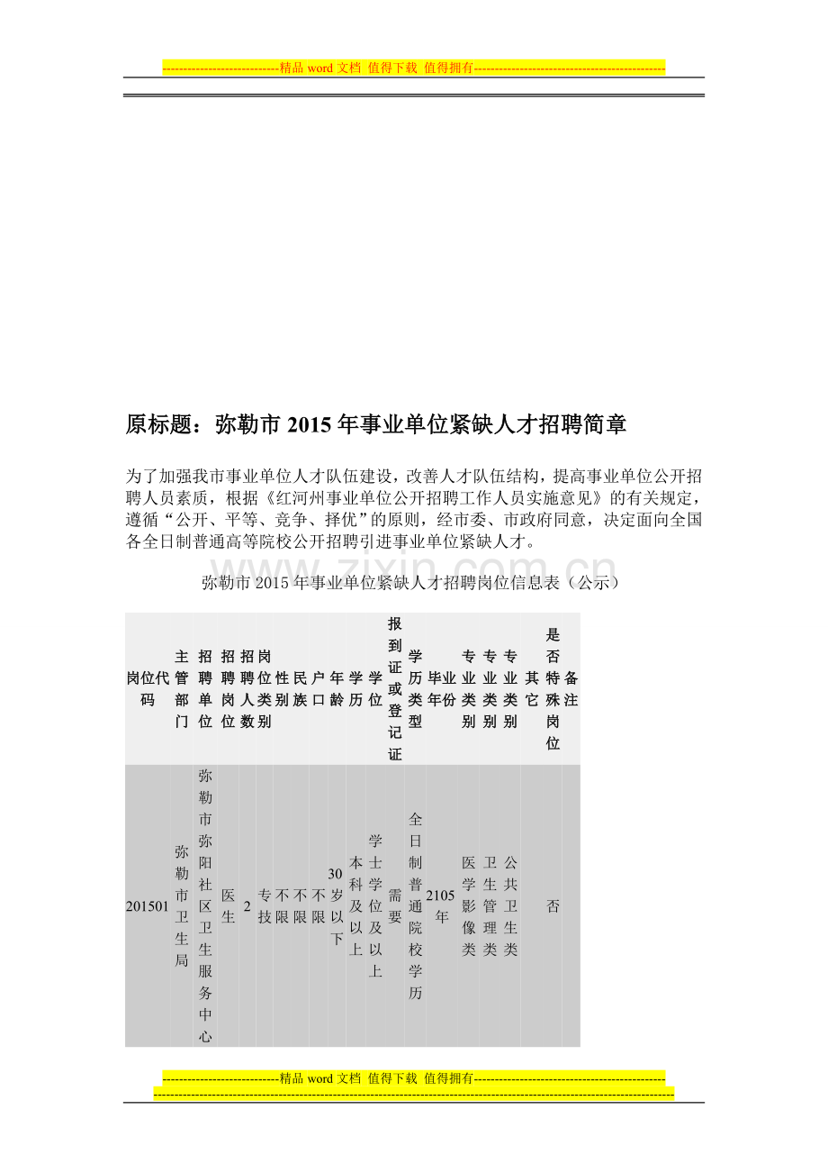 2015年云南红河弥勒市事业单位紧缺人才招聘岗位信息表.doc_第1页