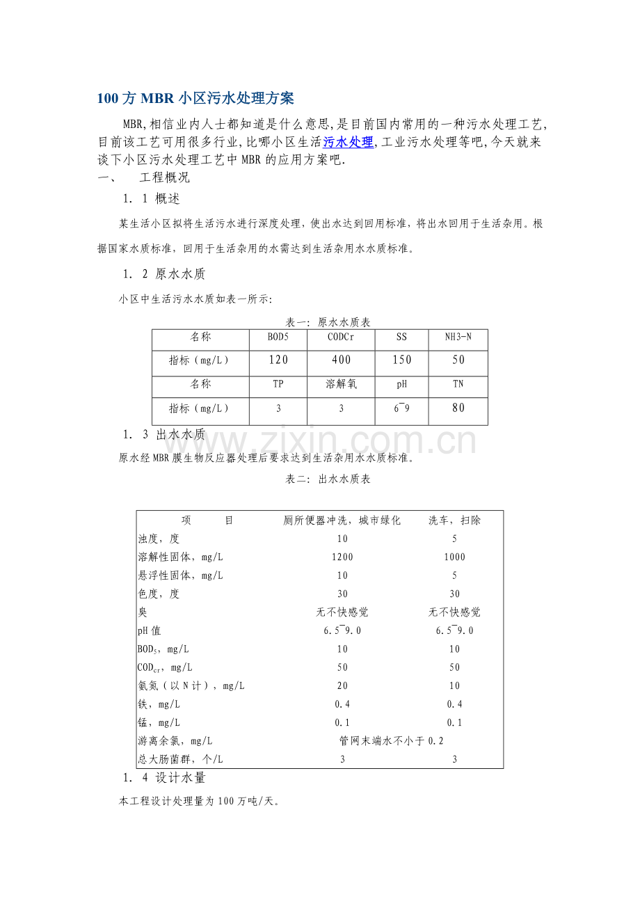 100方MBR小区污水处理方案.doc_第1页