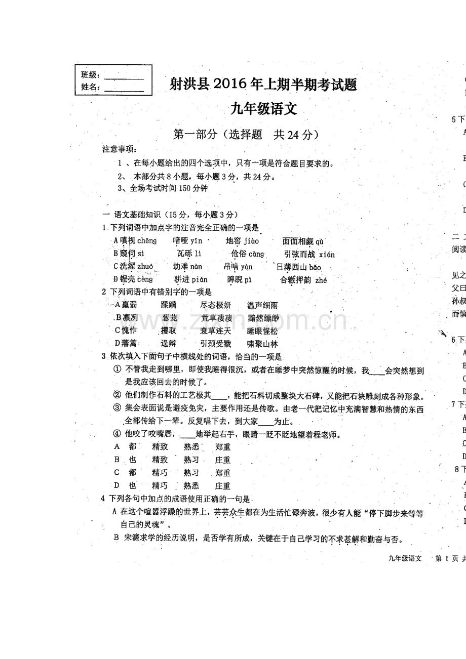 四川省遂宁市射洪县2016届九年级语文下册期中测试题.doc_第2页