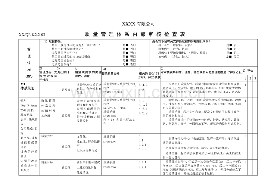 质量管理体系内部审核检查表.doc_第1页