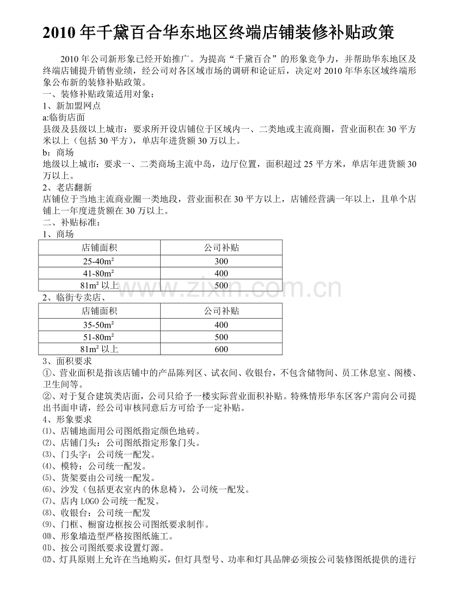 2010年千黛百合华东区终端店铺装修补贴政策.doc_第1页