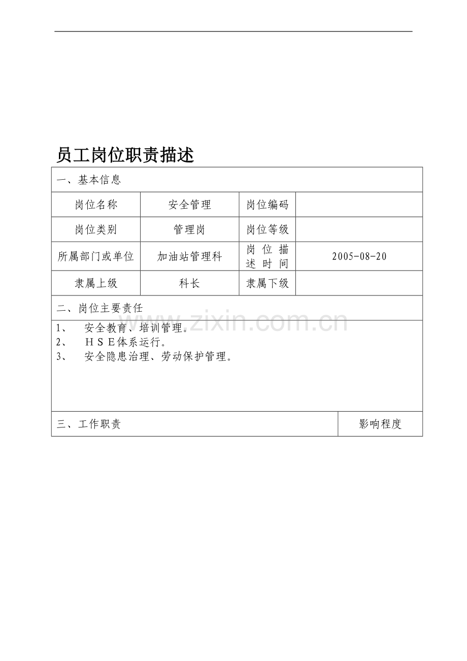 加油站管理科安全技术管理员工岗位职责描述.doc_第1页