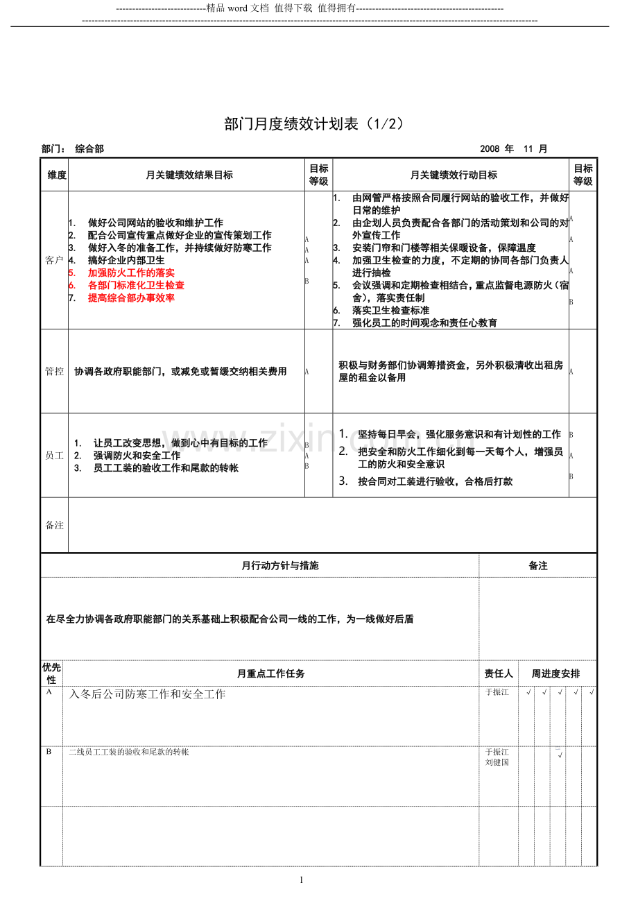 绩效考核月度计划表.doc_第1页