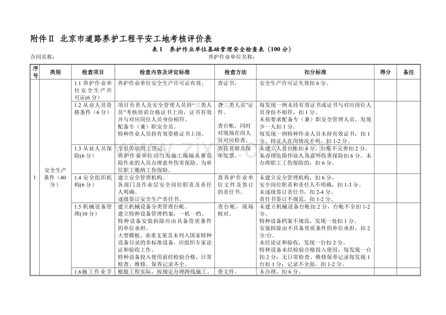 北京市道路养护工程平安工地考核评价表..doc_第1页