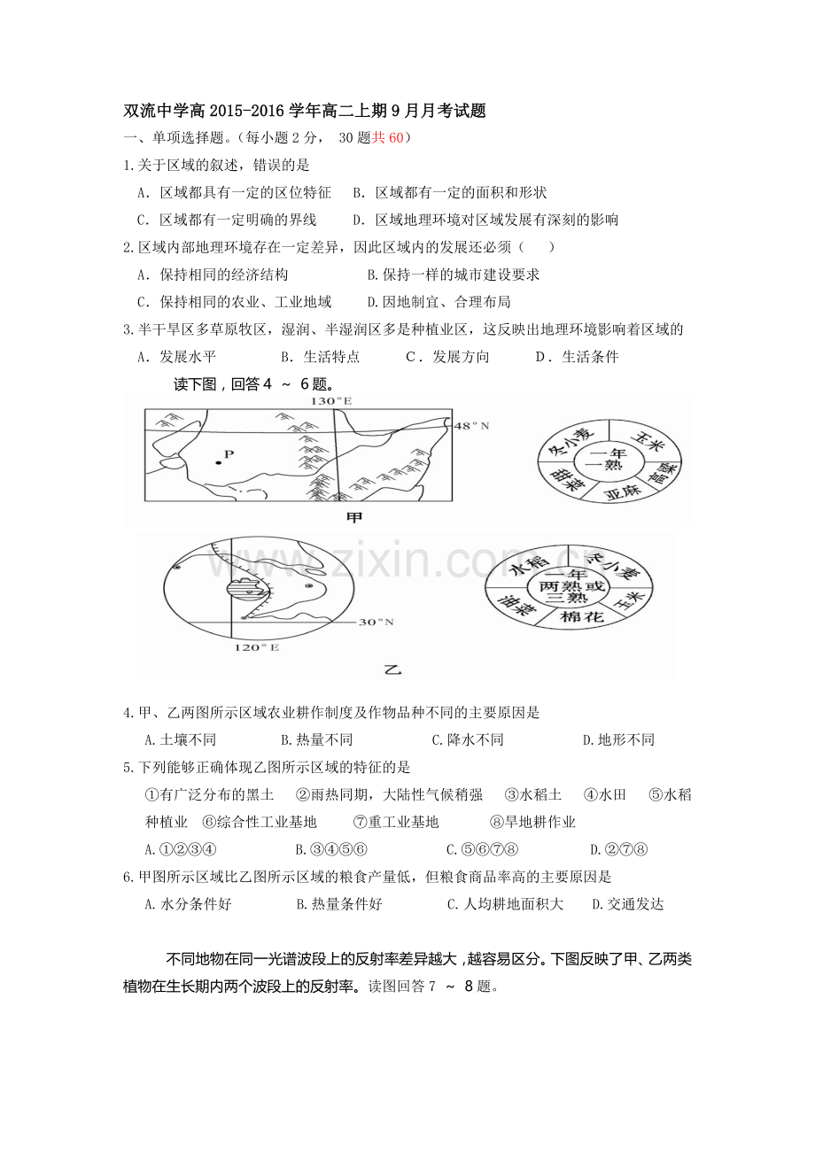 四川省双流中学2015-2016学年高二地理上册9月月考试题.doc_第1页