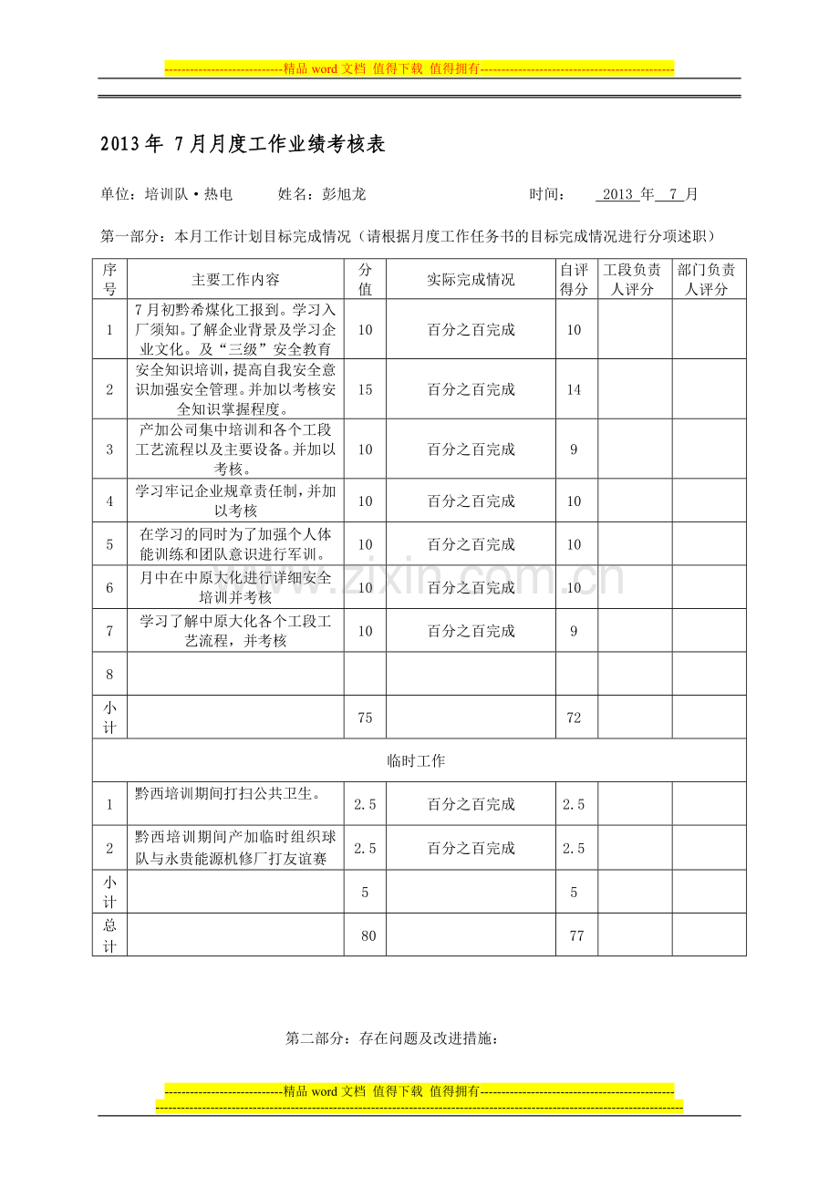 月度工作业绩考核表..doc_第1页