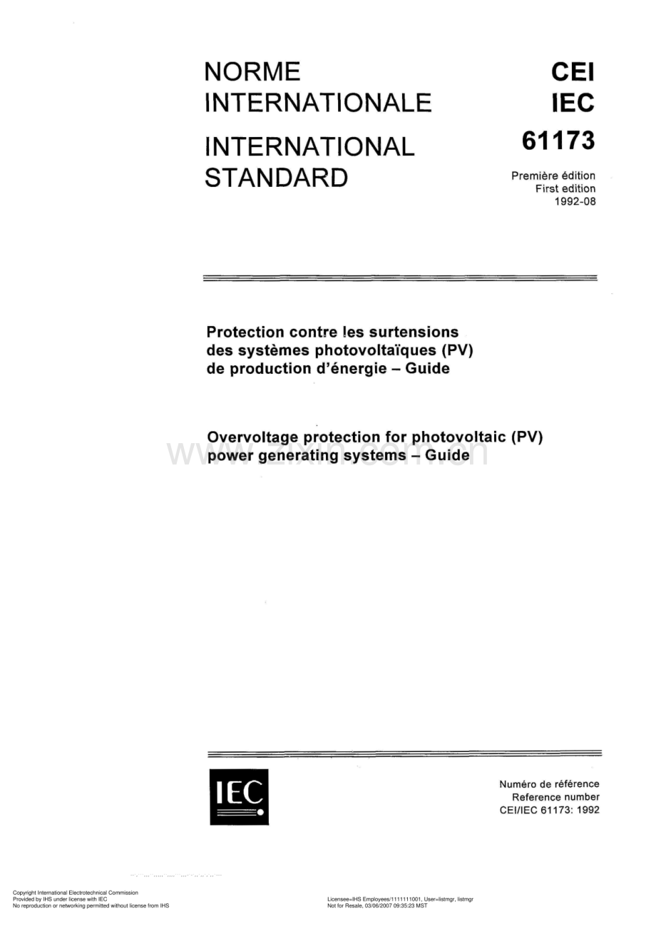 IEC 61173：1992 光电发电系统过压保护 指南.pdf_第1页