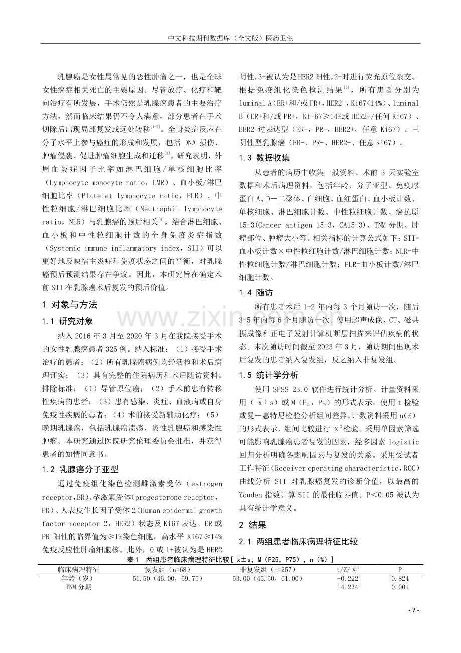 术前SII与乳腺癌术后复发的相关性研究.pdf_第2页