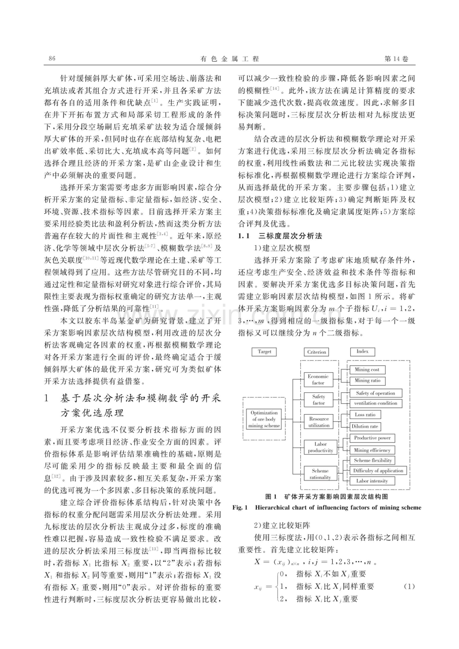 改进的模糊层次分析法在缓倾斜厚大矿体开采方案优选中的应用.pdf_第2页