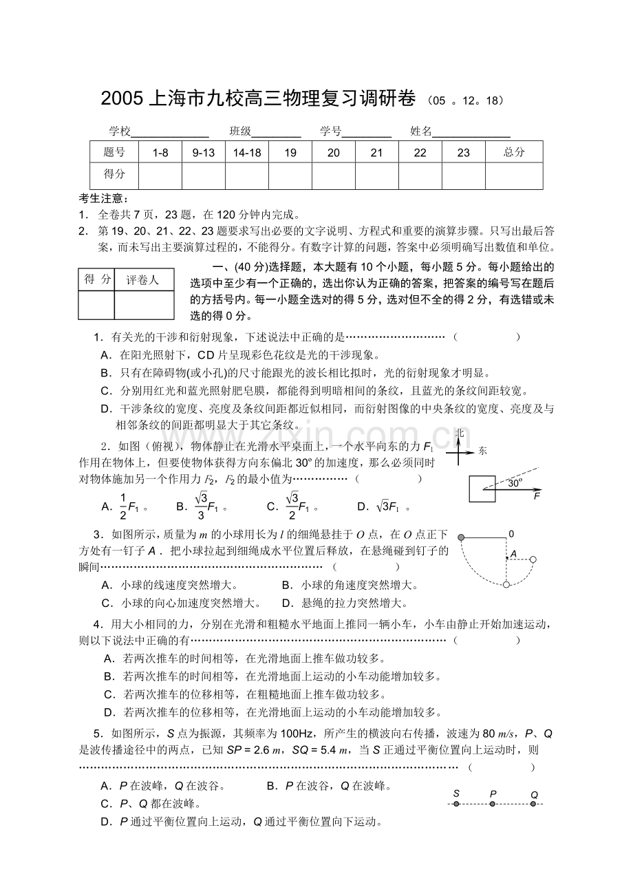 上海市高三物理复习调研卷.doc_第1页