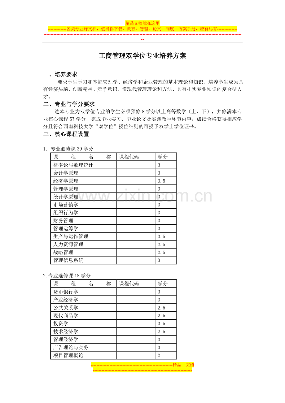 西南科技大学经济管理学院双学位专业培养方案.doc_第1页