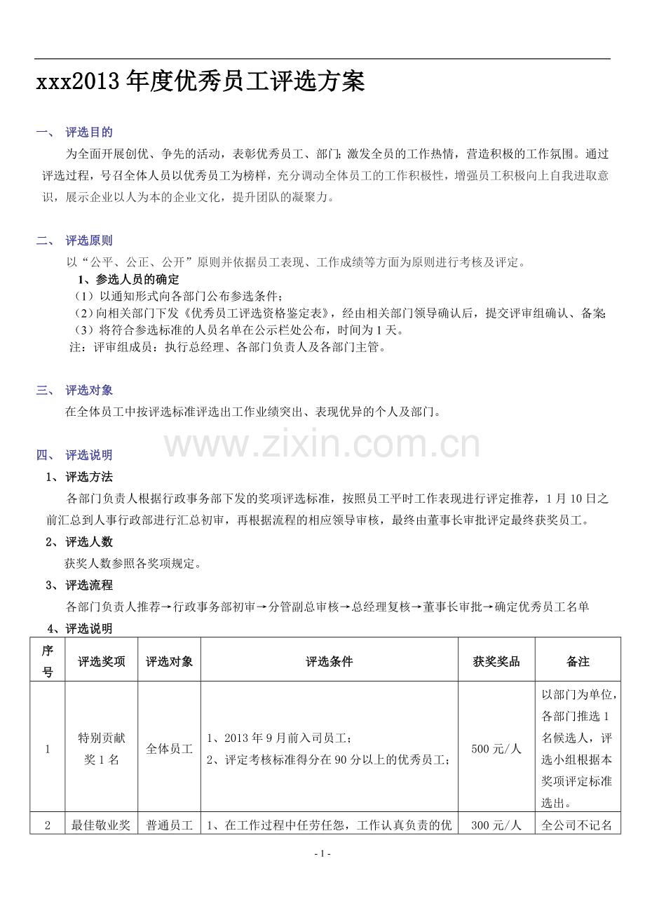 2013年度优秀员工评选方案(新).doc_第1页