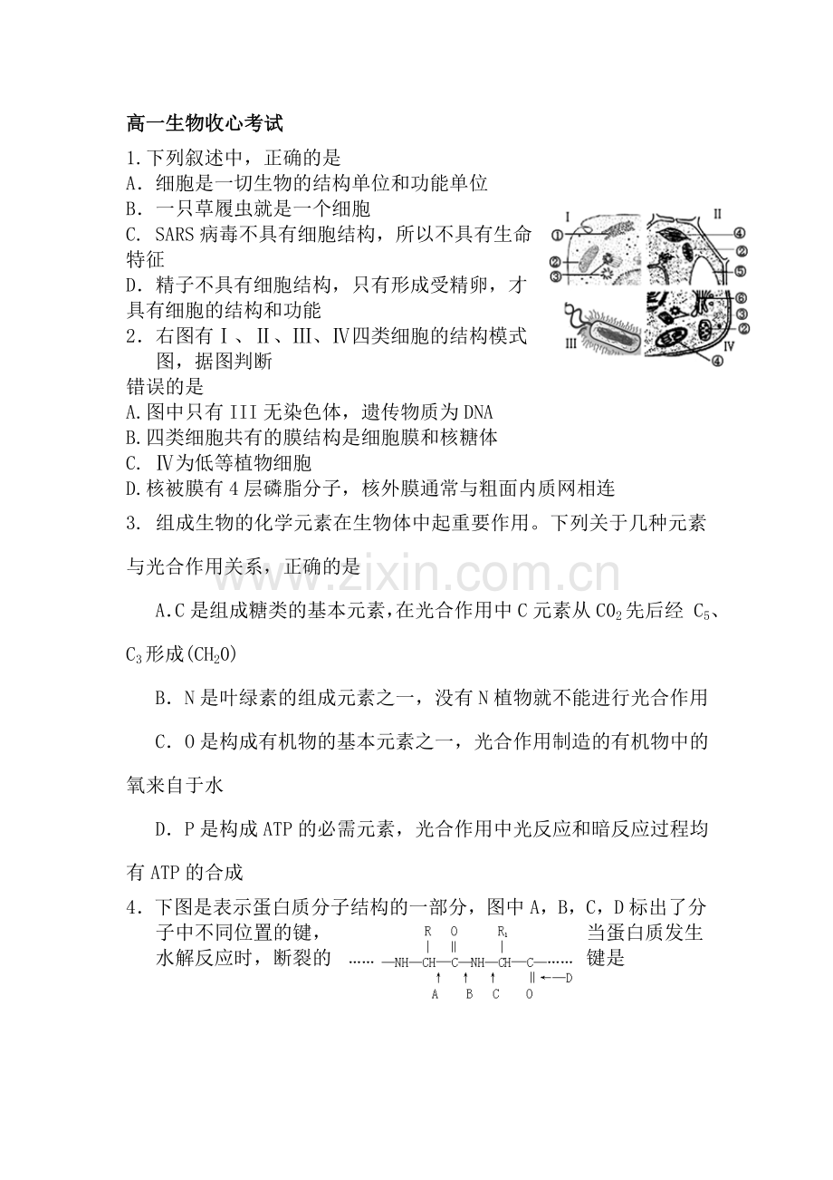 山东省淄博市2015-2016学年高一生物下册收心考试试题.doc_第1页