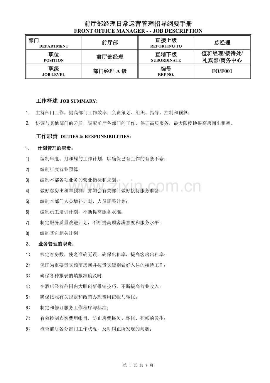 前厅部经理日常运营管理指导纲要手册.doc_第1页