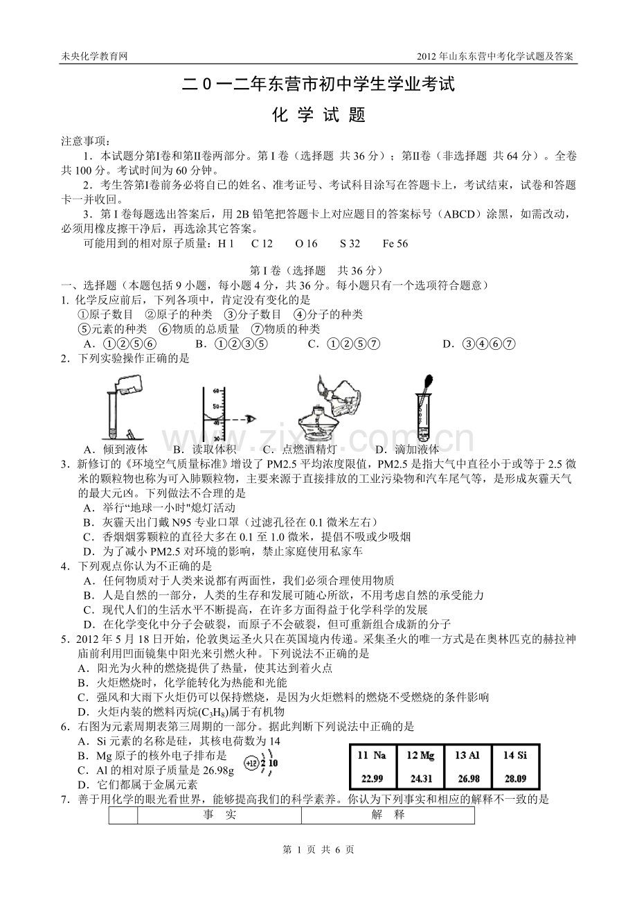 2012年山东东营中考化学试题及答案.doc_第1页