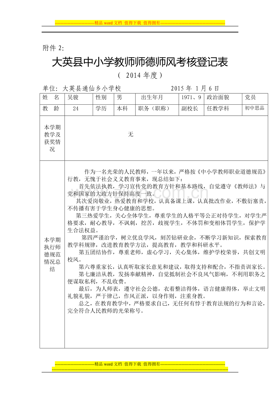 师德考核登记表(吴骏)..doc_第1页