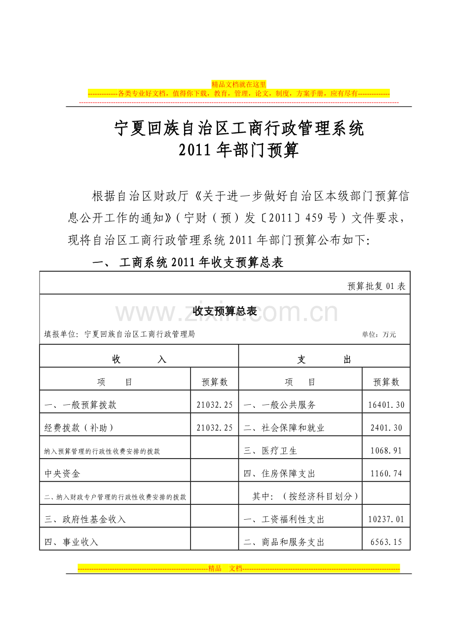 宁夏回族自治区工商行政管理系统2011年部门预算.doc_第1页