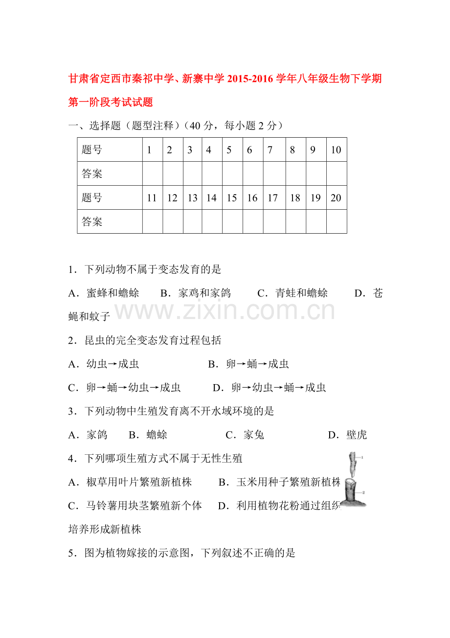 甘肃省定西市2015-2016学年八年级生物下册第一阶段考试题.doc_第1页