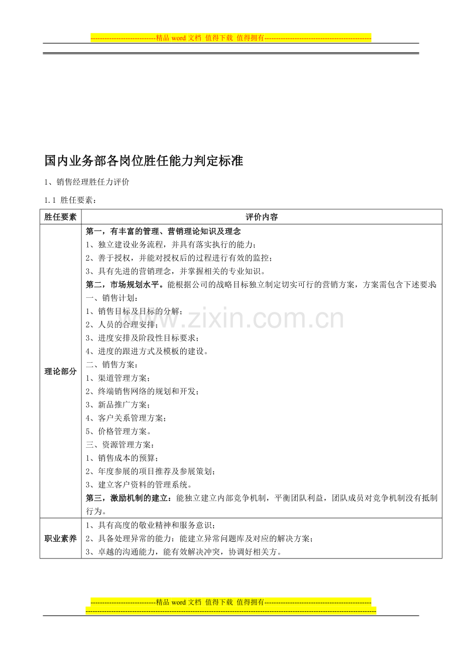 国内业务部各岗位胜任能力判定标准.doc_第1页