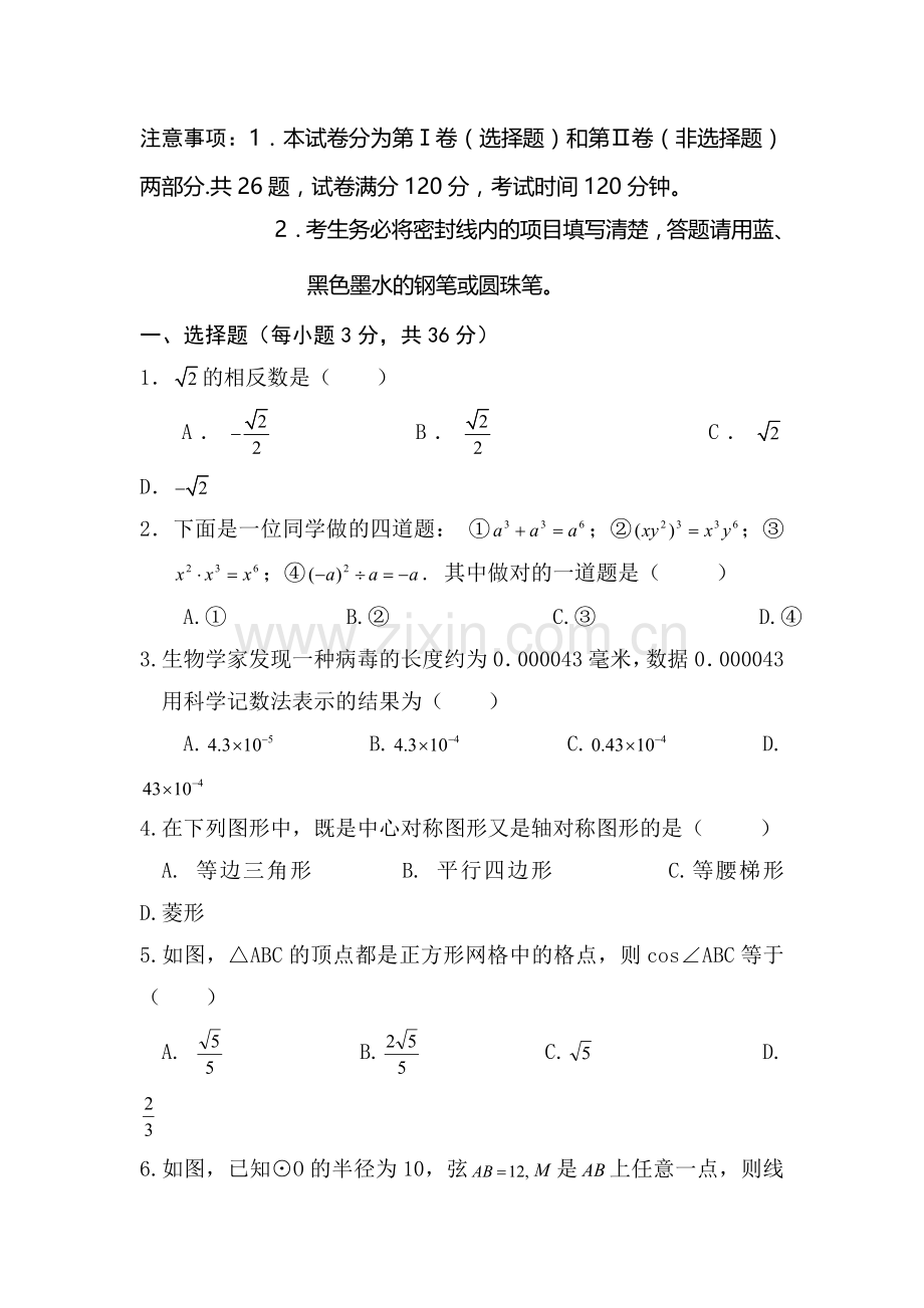 九年级数学模拟复习检测试卷10.doc_第1页