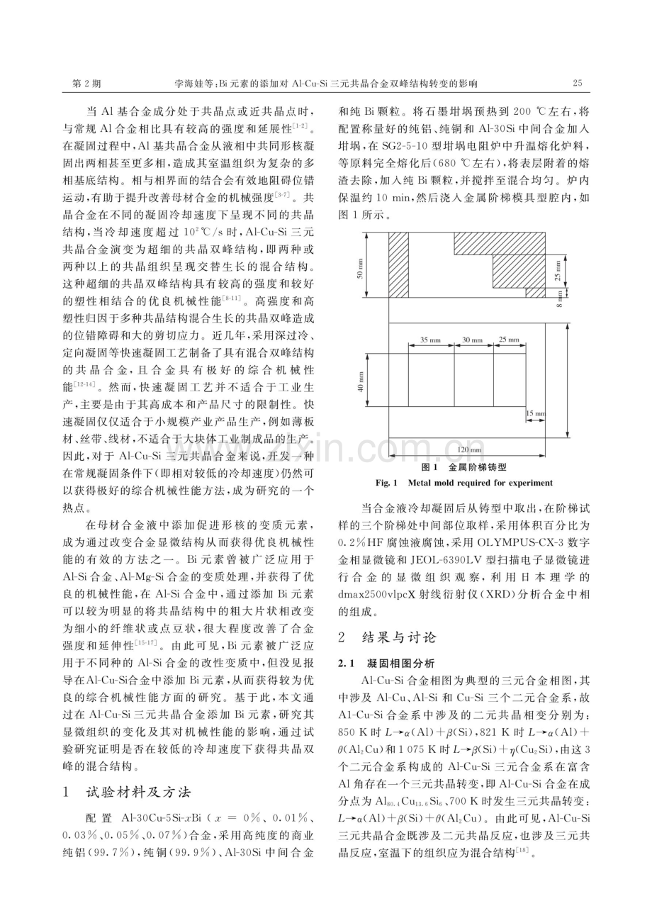 Bi元素的添加对Al-Cu-Si三元共晶合金双峰结构转变的影响.pdf_第2页