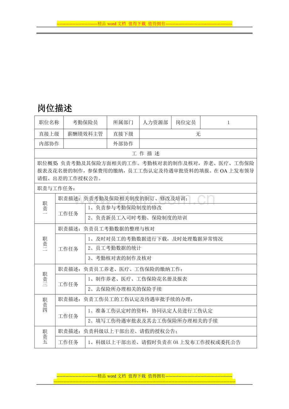 考勤保险员岗位描述.doc_第1页