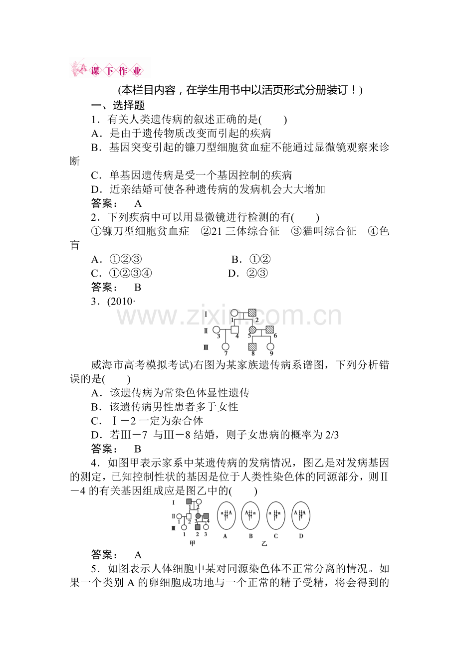 高一生物必修2知识点课下作业题19.doc_第1页