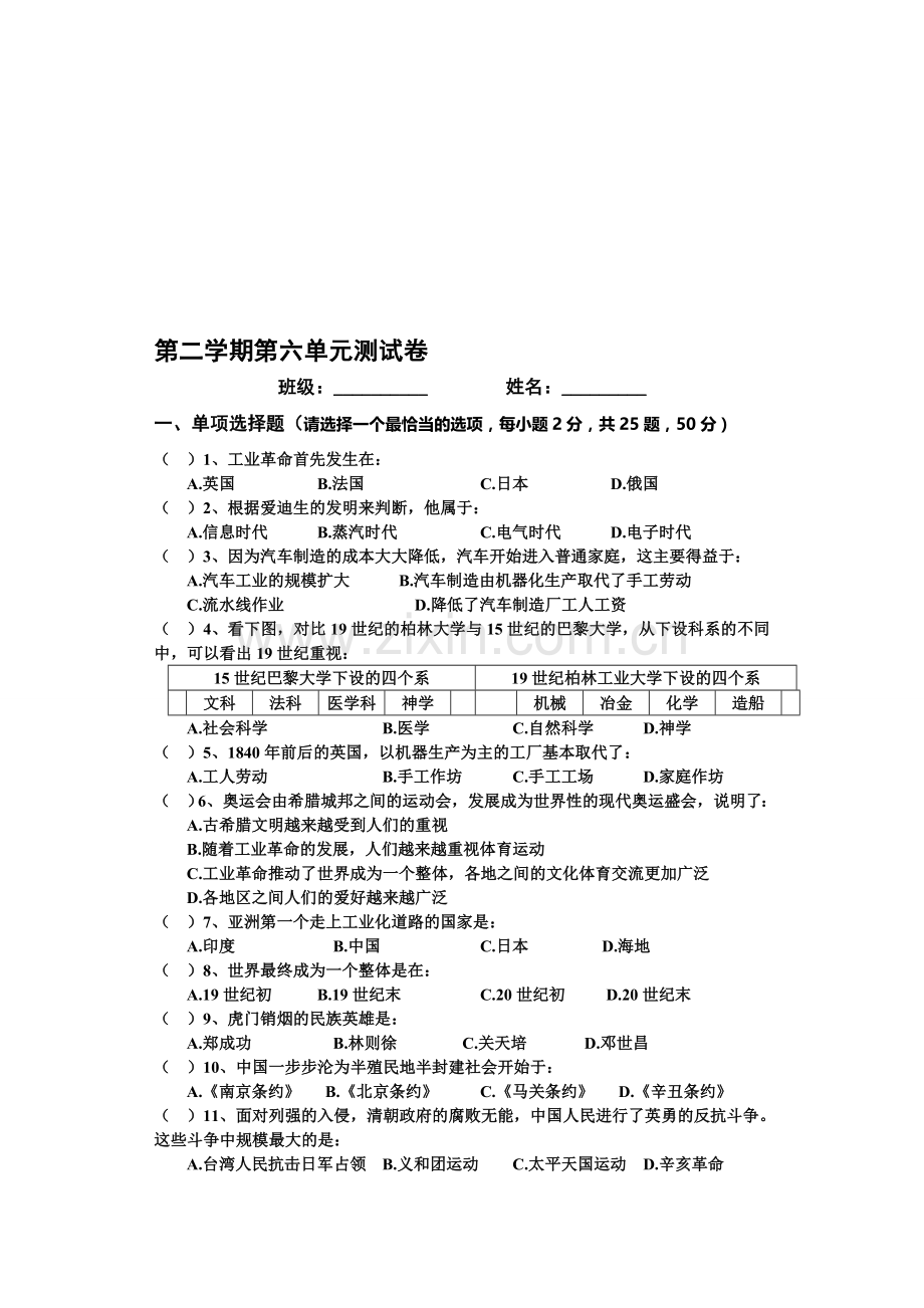 八年级下学期历史第六单元单元测试.doc_第1页