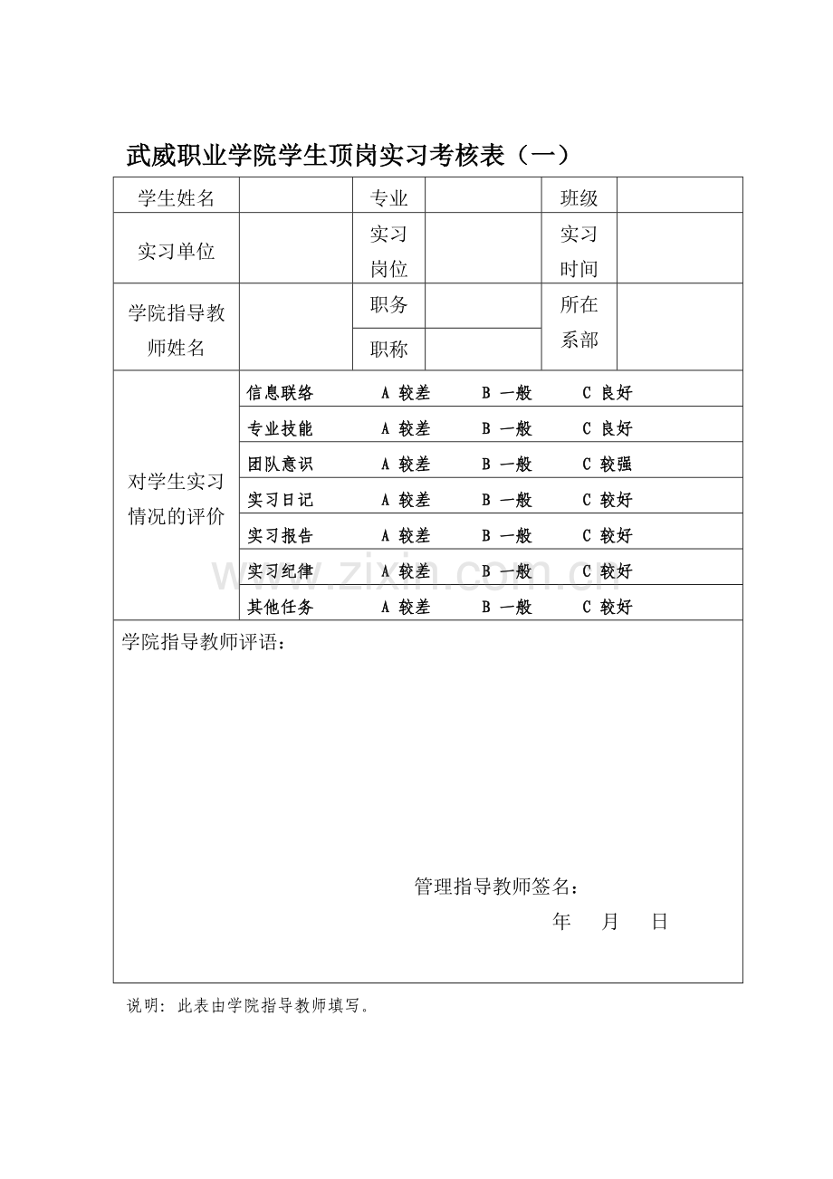 武威职业学院学生顶岗实习考核表(附件5、6)..doc_第1页