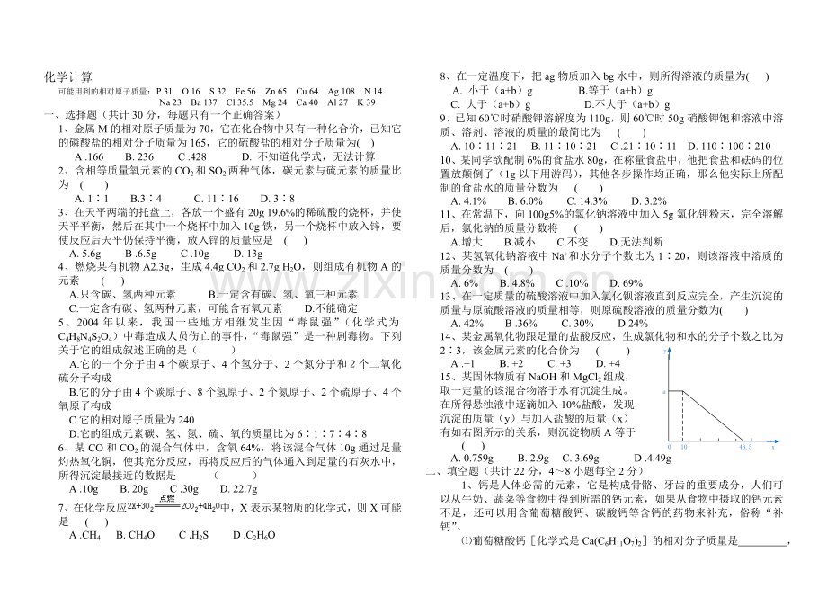 初中化学下学期计算题专题训练-鲁人教版.doc_第1页