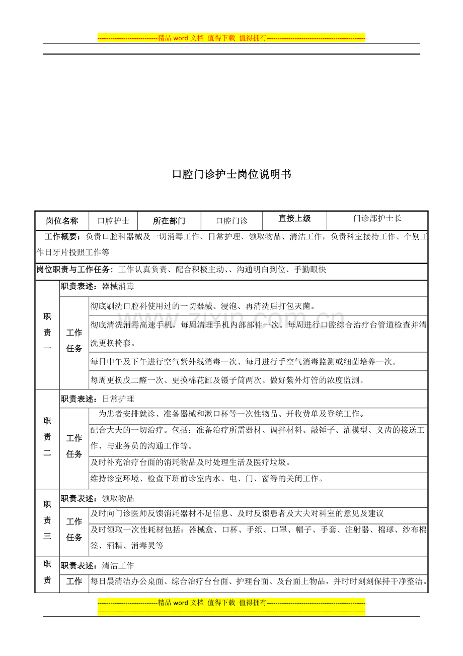 口腔科护士岗位说明书.doc_第1页