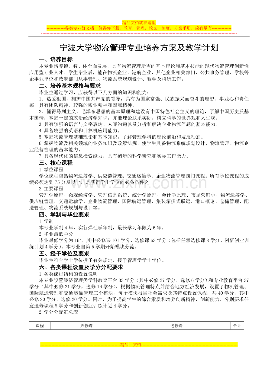 宁波大学物流管理专业培养方案及教学计划.doc_第1页