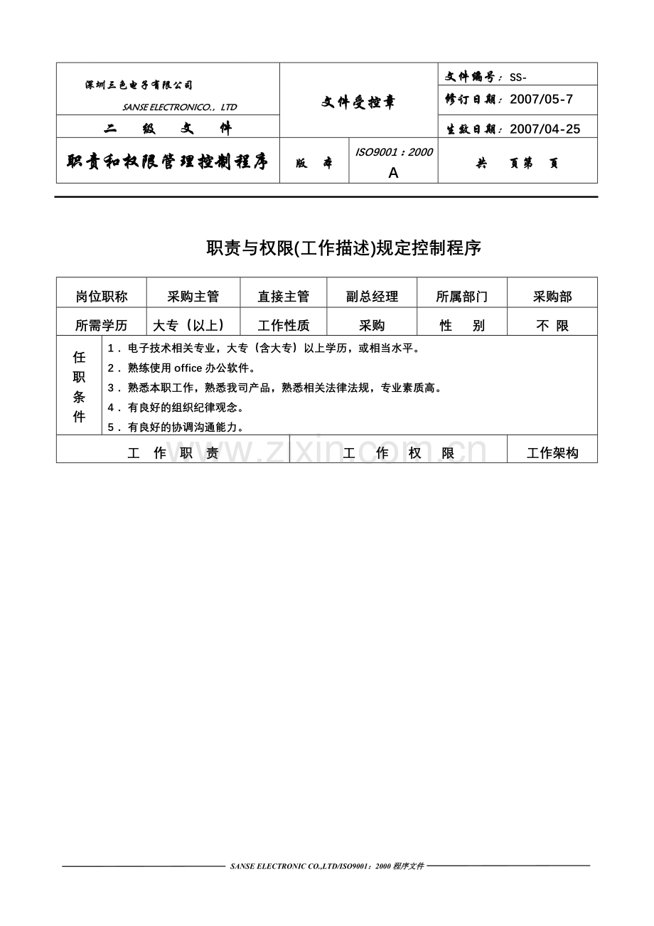 职责与权限管理规定工作描述(采购主管).doc_第1页