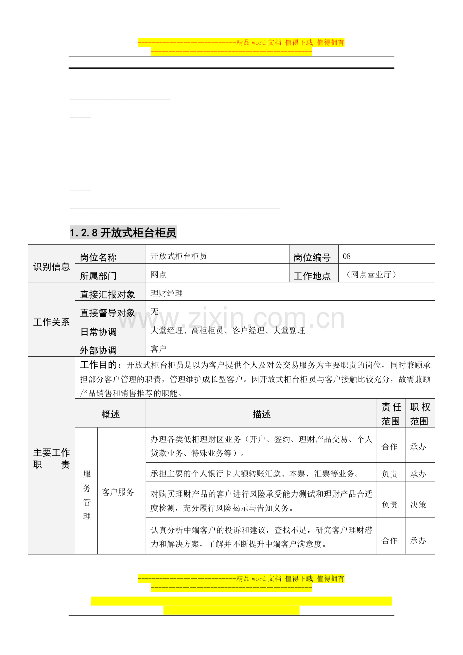 开放式柜台柜员岗位说明书.doc_第1页