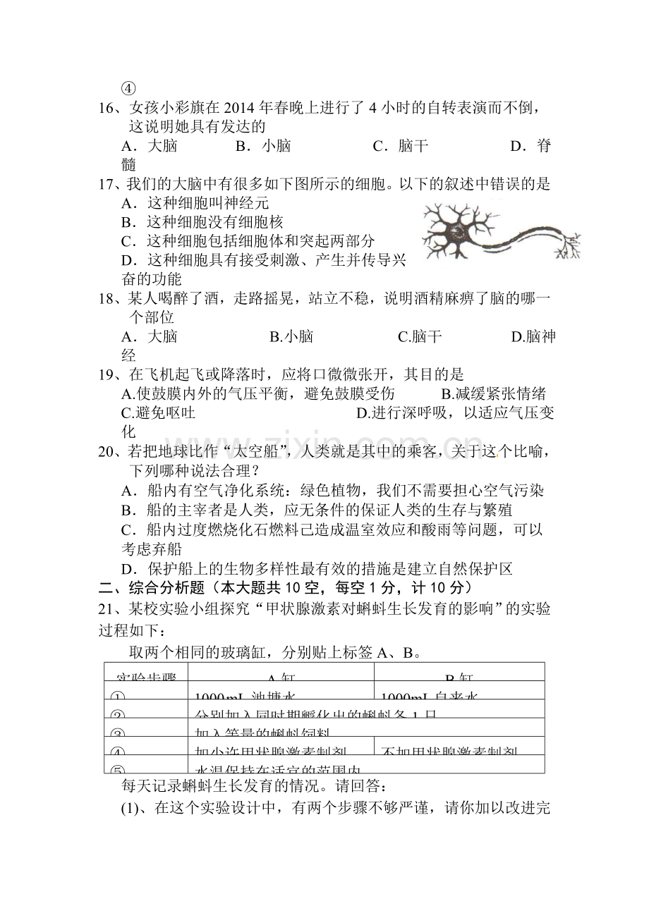 七年级生物下学期期末检测试题10.doc_第3页