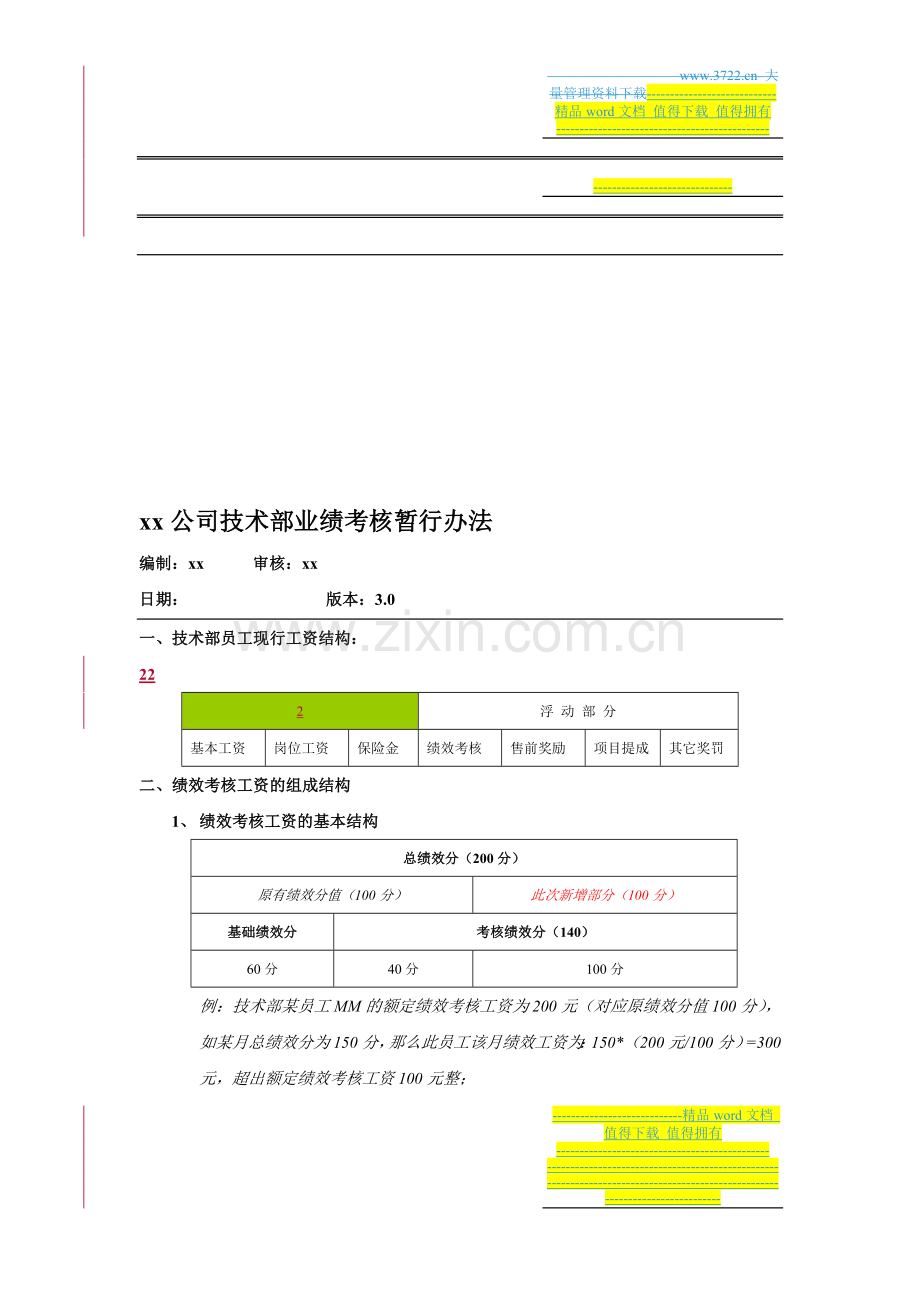 xx公司技术部业绩考核暂行办法..doc_第1页