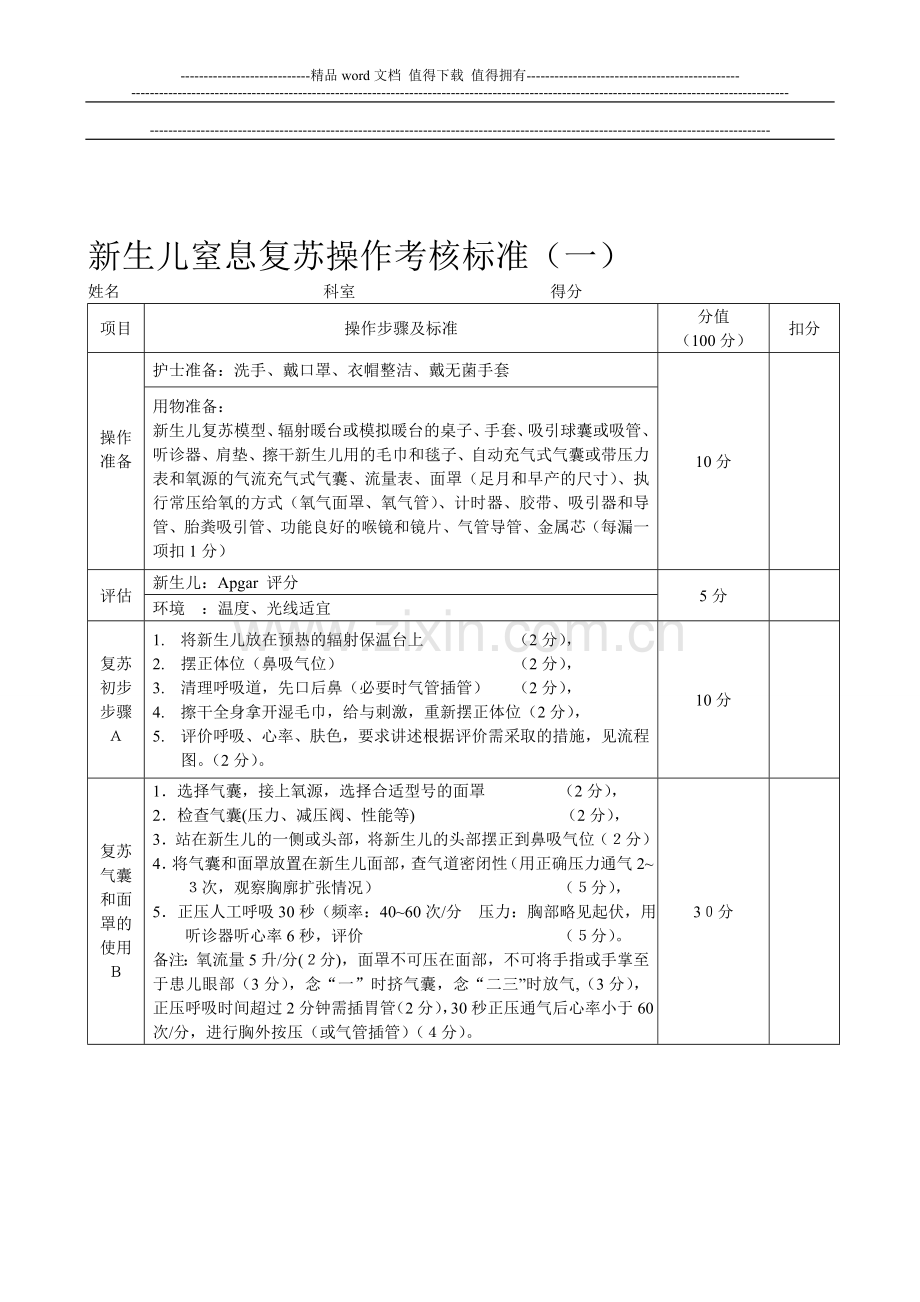 新生儿窒息复苏操作考核标准..doc_第1页