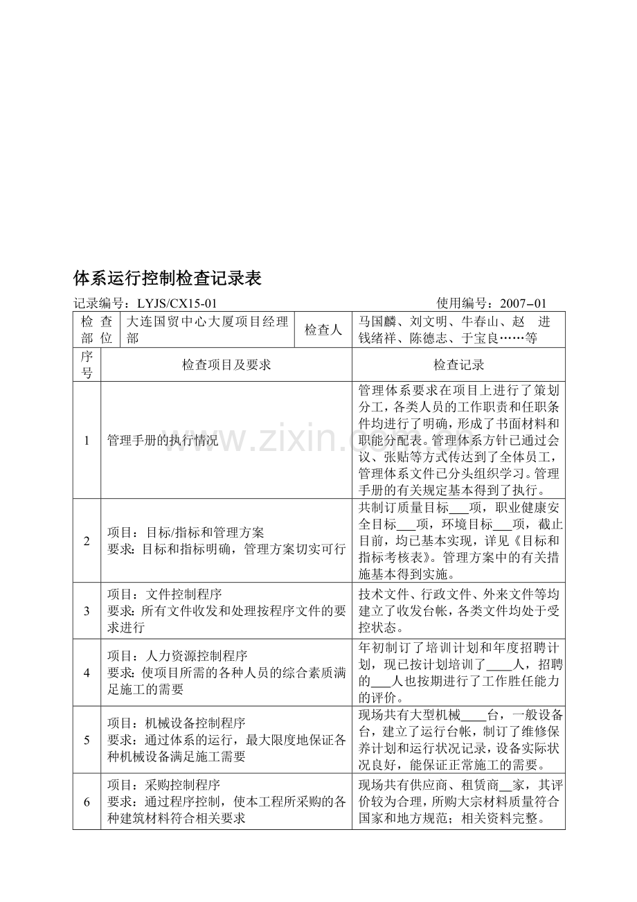 项目体系运行绩效检查表(参考1).doc_第1页