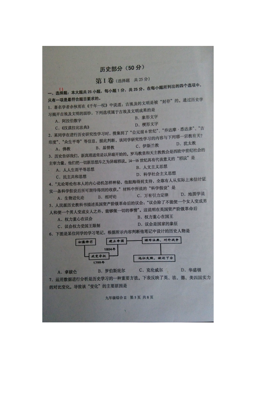 江苏省东台市2016届九年级历史上册期末考试题1.doc_第1页