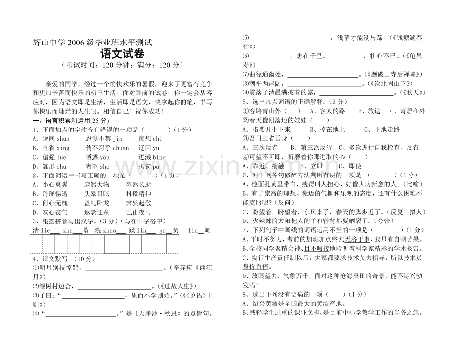 辉山中学2006级毕业班水平测试语文试卷.doc_第1页